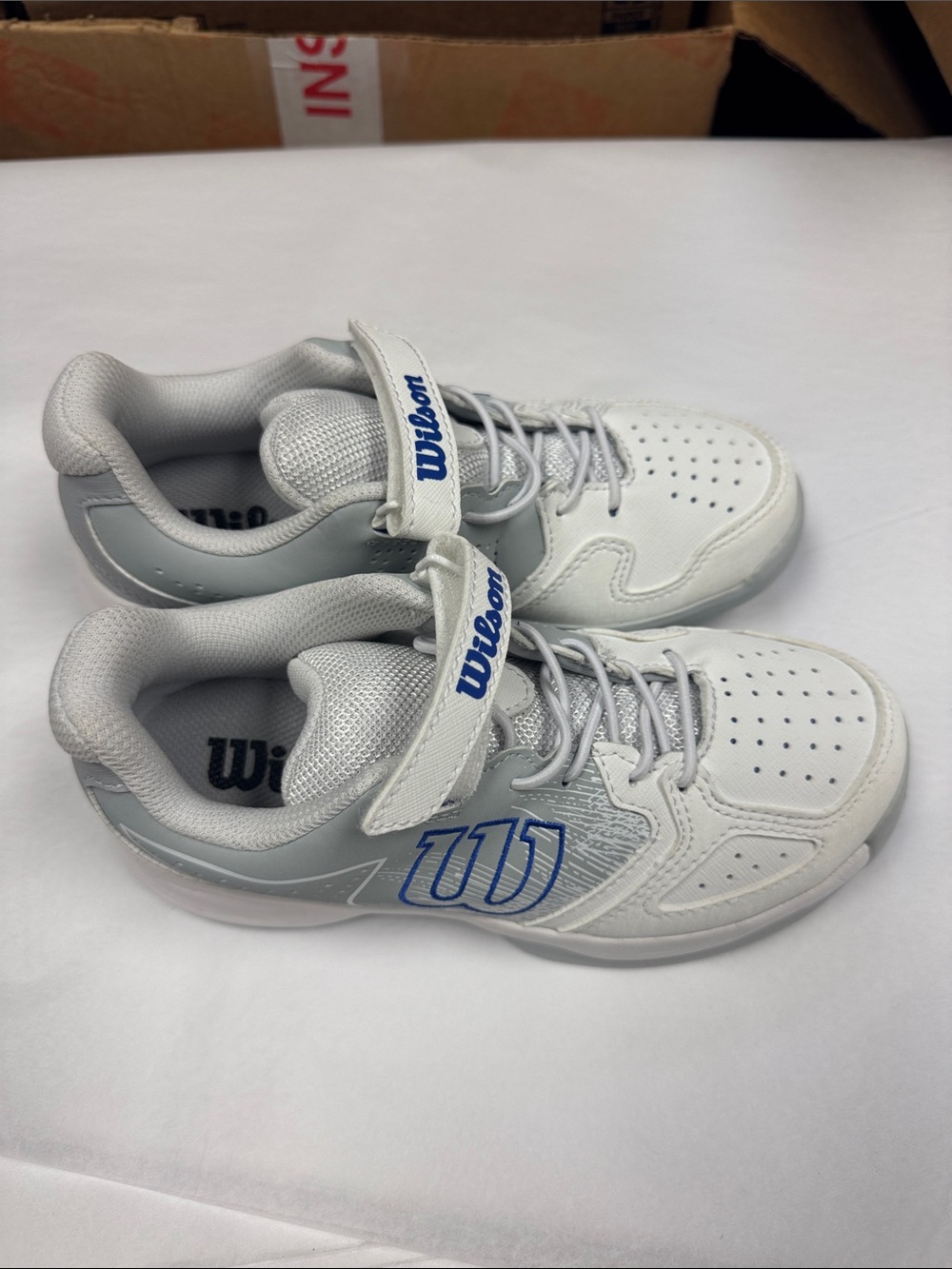 Wilson Kids White and Light Gray Sneakers with Blue Logo